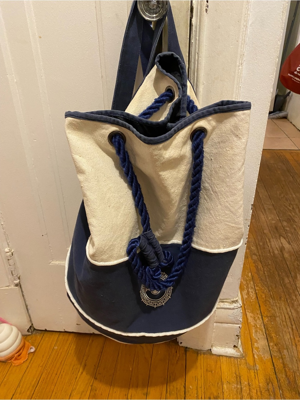 Nautical Canvas Rope-Handle Tote Bag in Navy and Cream